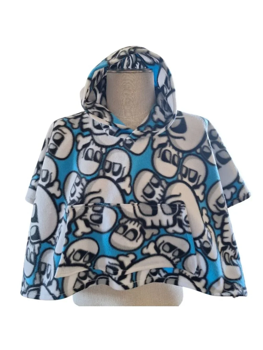 Fleece Handmade Kids  Skull Poncho W Pocket & Hood Car Seat Blue Black White